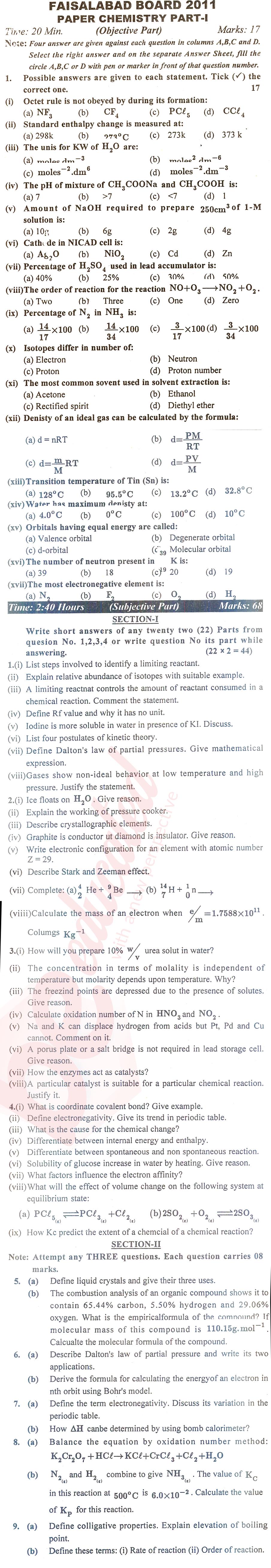 Chemistry FSC Part 1 Past Paper Group 1 BISE Faisalabad 2011