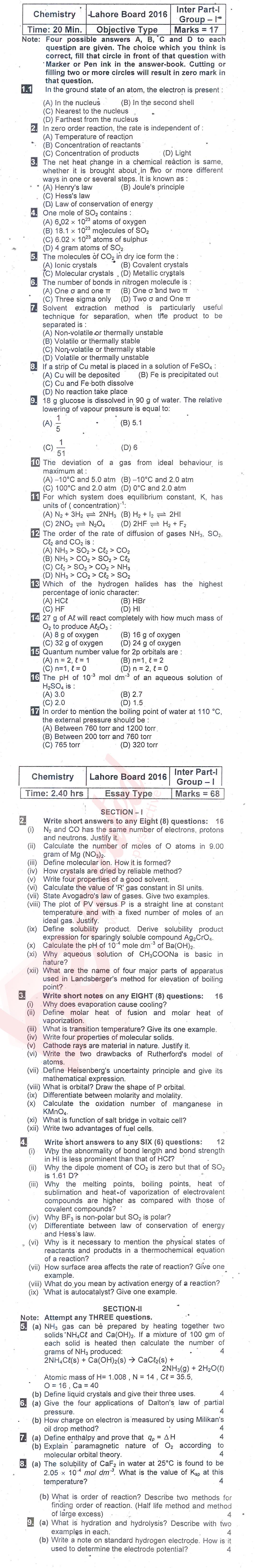 Chemistry FSC Part 1 Past Paper Group 1 BISE Lahore 2016