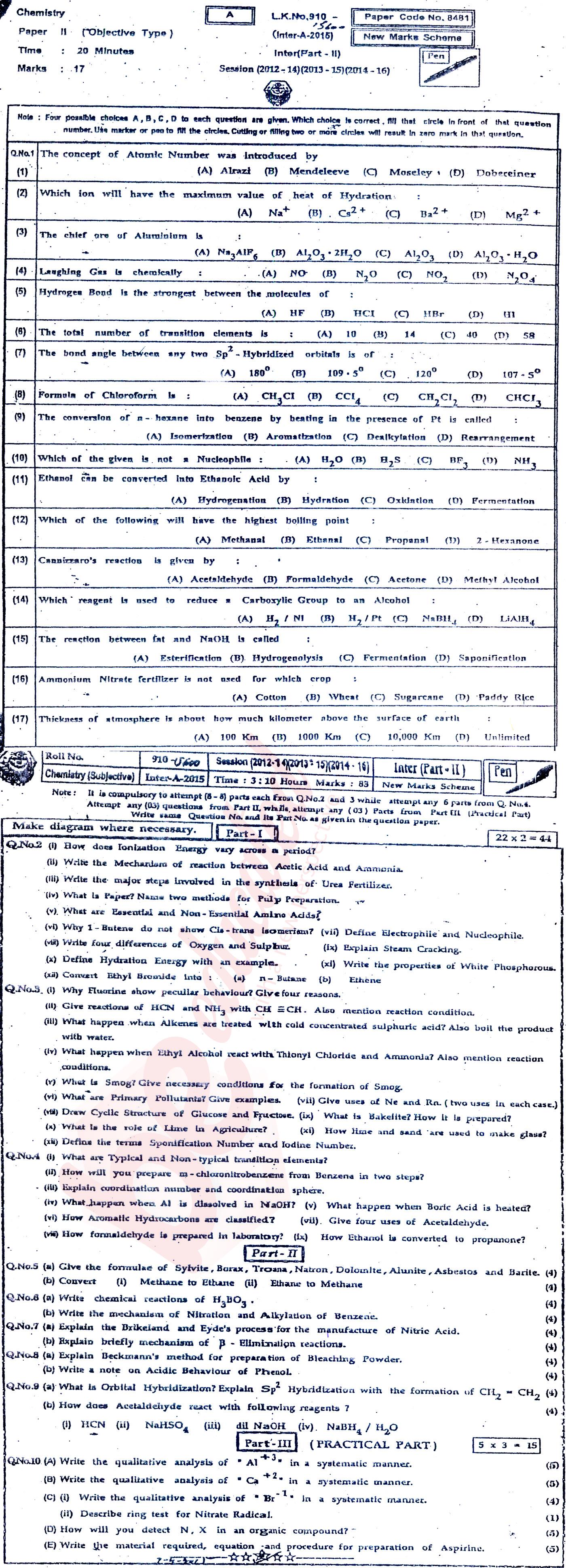 Chemistry FSC Part 2 Past Paper Group 1 BISE Bahawalpur 2015