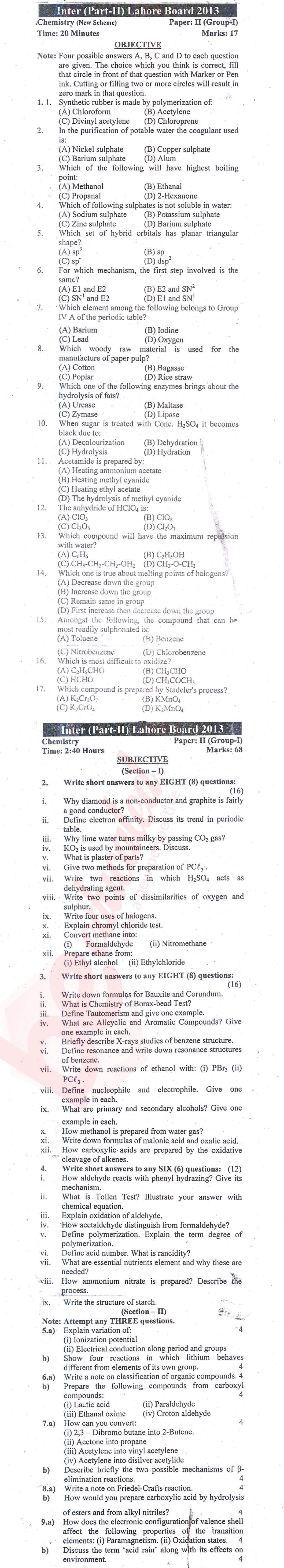 Chemistry FSC Part 2 Past Paper Group 1 BISE Lahore 2013