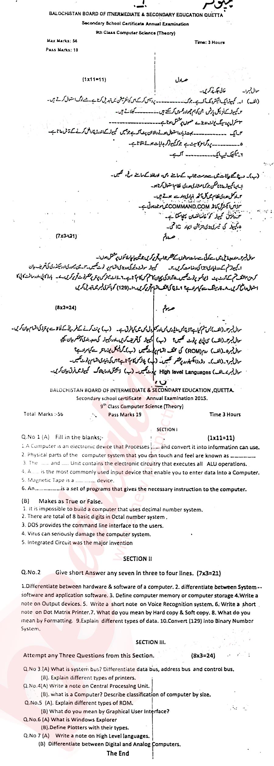 Computer Science 9th class Past Paper Group 1 BISE Quetta 2015