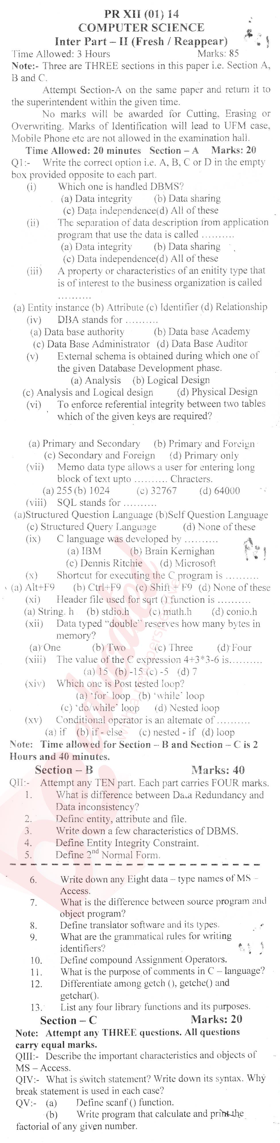 Computer Science ICS Part 2 Past Paper Group 1 BISE Bannu 2014