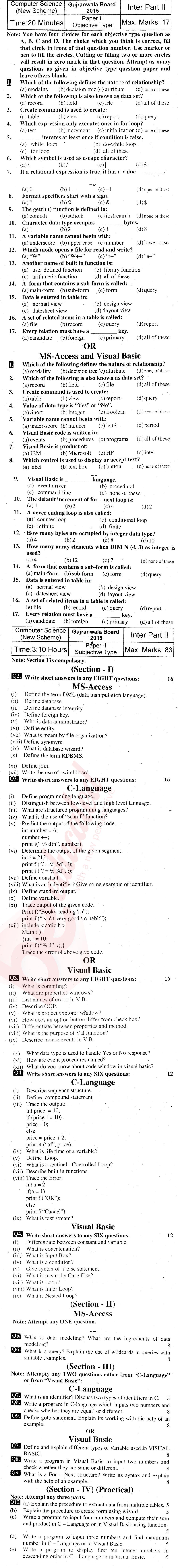 Computer Science ICS Part 2 Past Paper Group 1 BISE Gujranwala 2015
