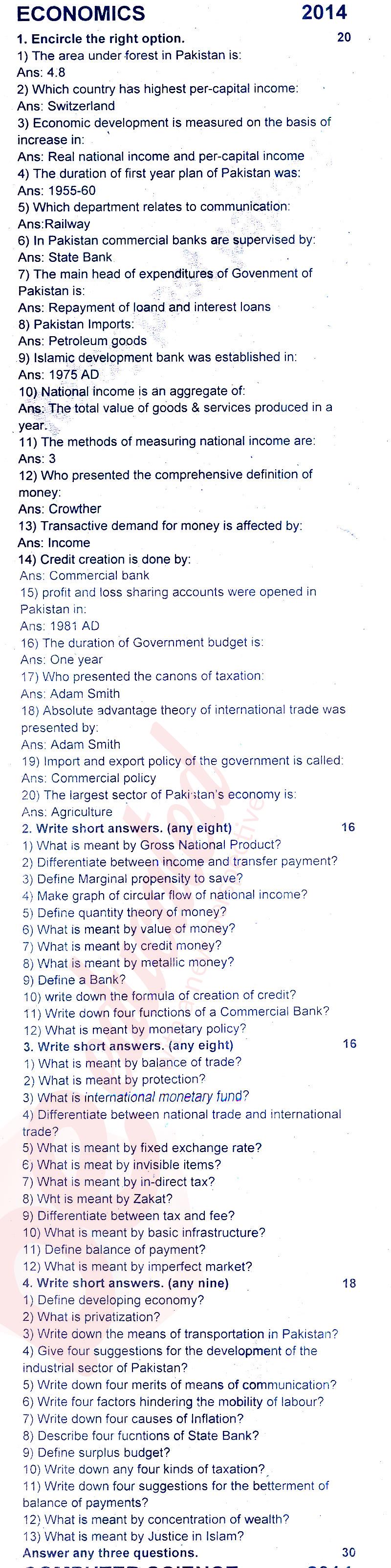 Economics 12th class Past Paper Group 1 BISE Rawalpindi 2014