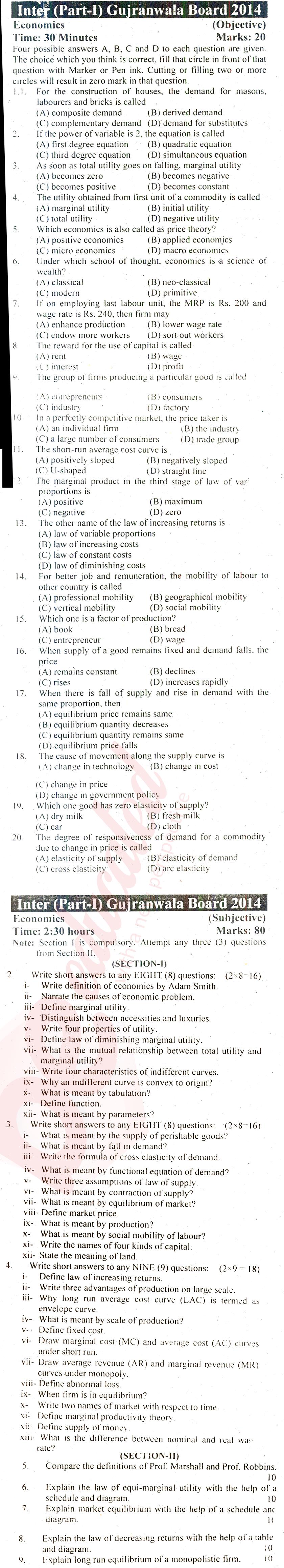 Economics FA Part 1 Past Paper Group 1 BISE Gujranwala 2014