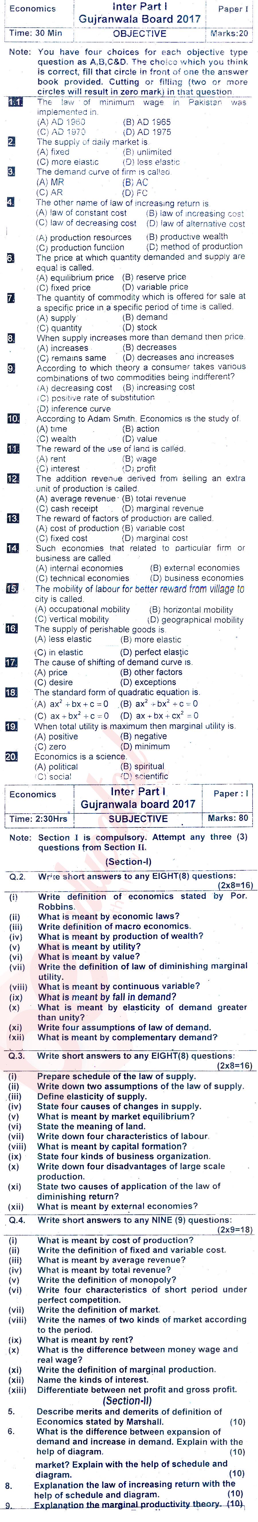Economics FA Part 1 Past Paper Group 1 BISE Gujranwala 2017