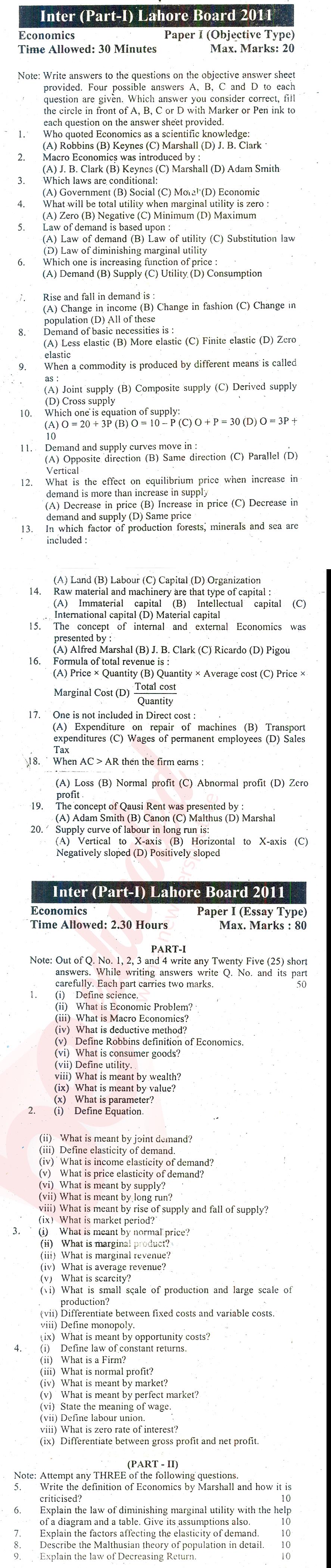 Economics FA Part 1 Past Paper Group 1 BISE Lahore 2011
