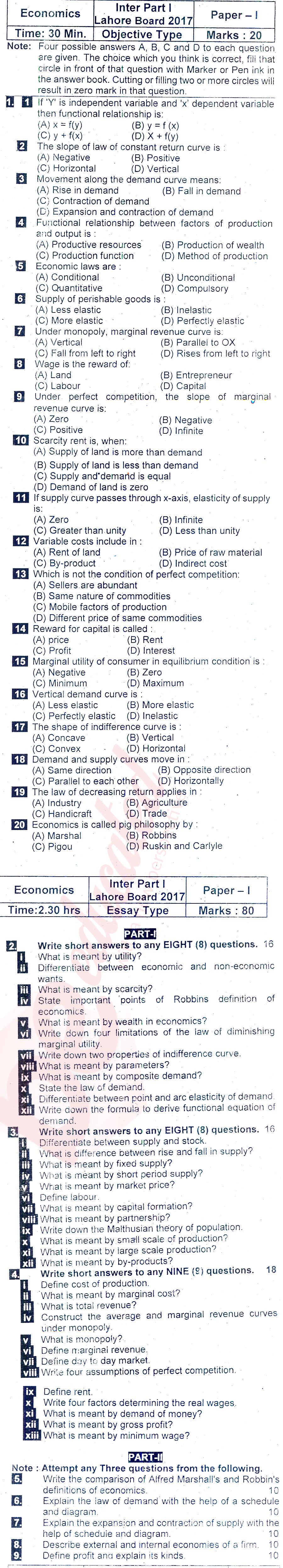 Economics FA Part 1 Past Paper Group 1 BISE Lahore 2017