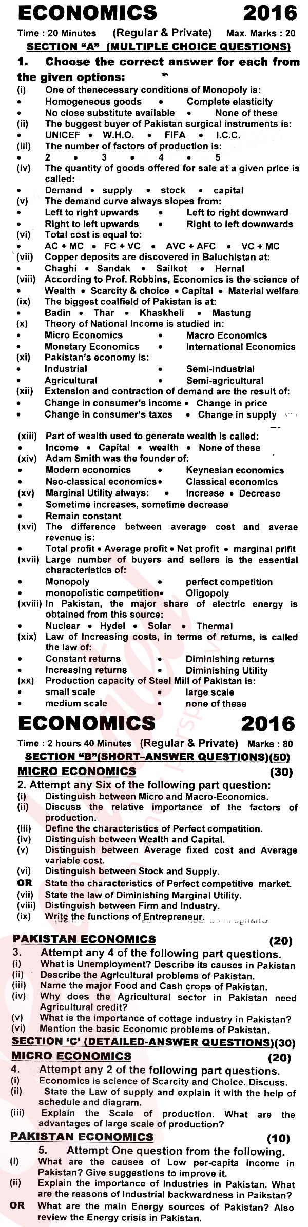 Economics FA Part 1 Past Paper Group 1 KPBTE 2016