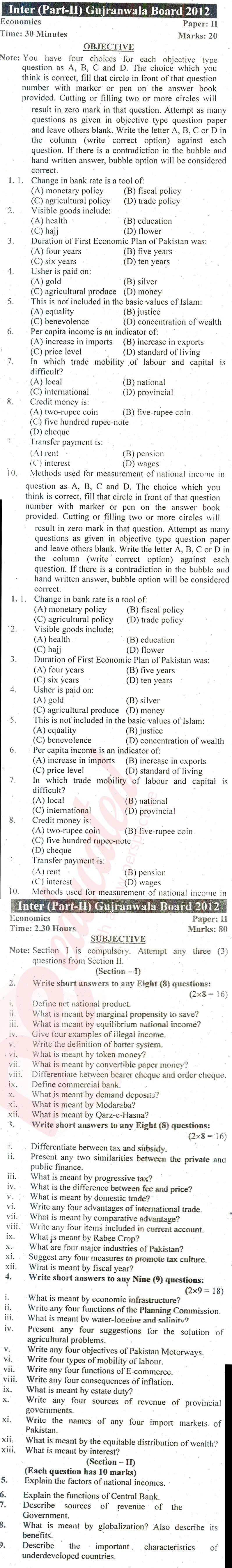 Economics FA Part 2 Past Paper Group 2 BISE Gujranwala 2012