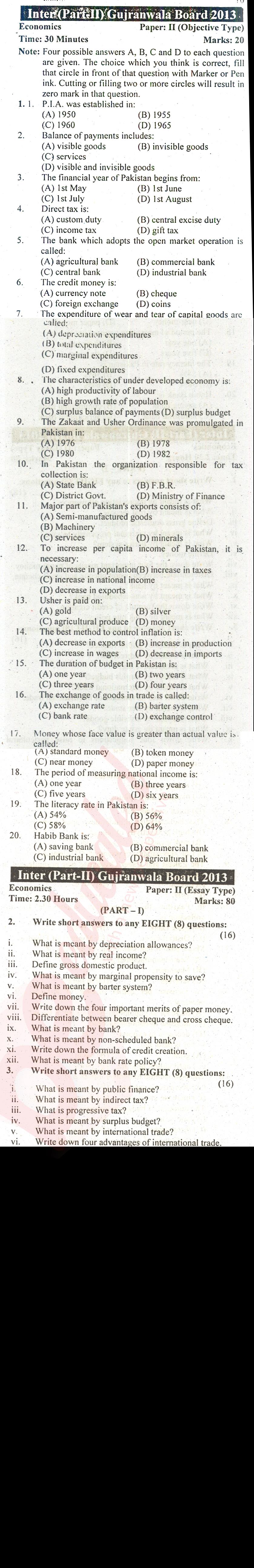 Economics FA Part 2 Past Paper Group 2 BISE Gujranwala 2013