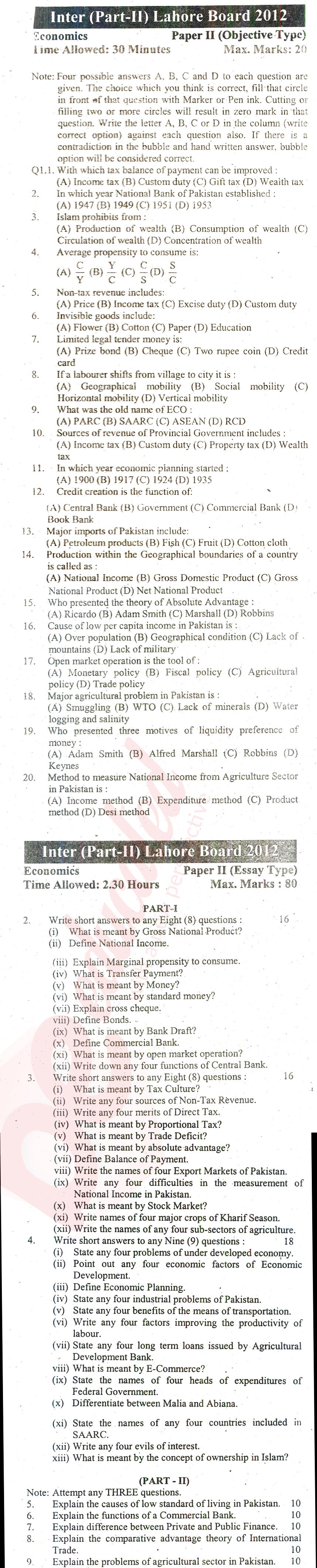 Economics FA Part 2 Past Paper Group 2 BISE Lahore 2012