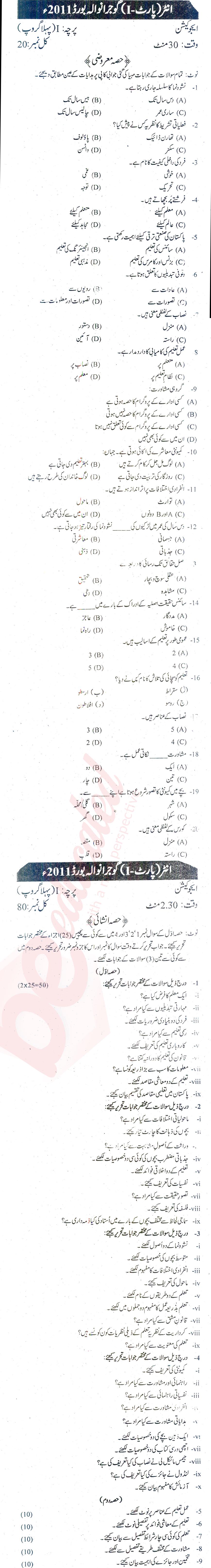 Education FA Part 1 Past Paper Group 1 BISE Gujranwala 2011