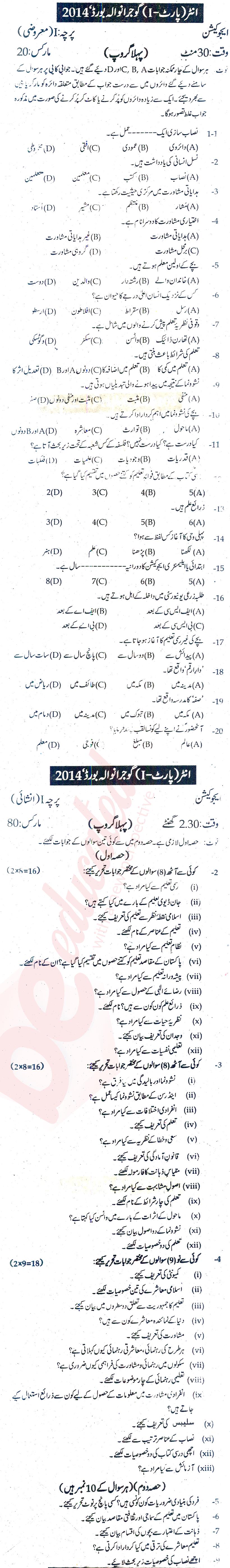 Education FA Part 1 Past Paper Group 1 BISE Gujranwala 2014