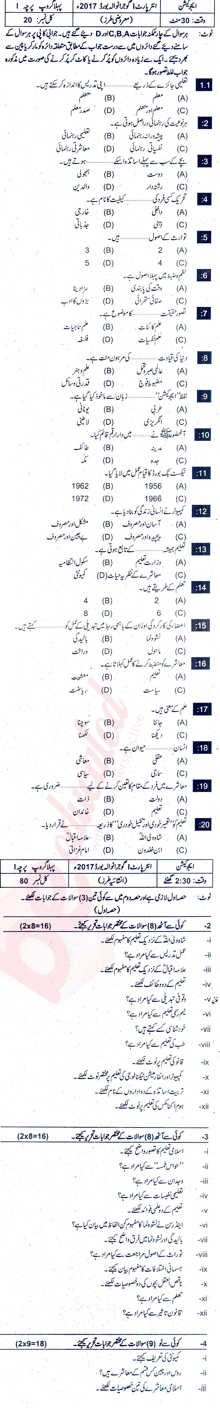 Education FA Part 1 Past Paper Group 1 BISE Gujranwala 2017