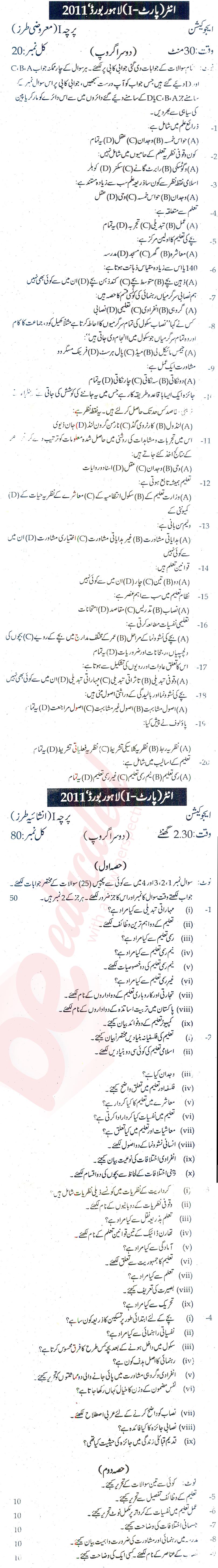 Education FA Part 1 Past Paper Group 2 BISE Lahore 2011