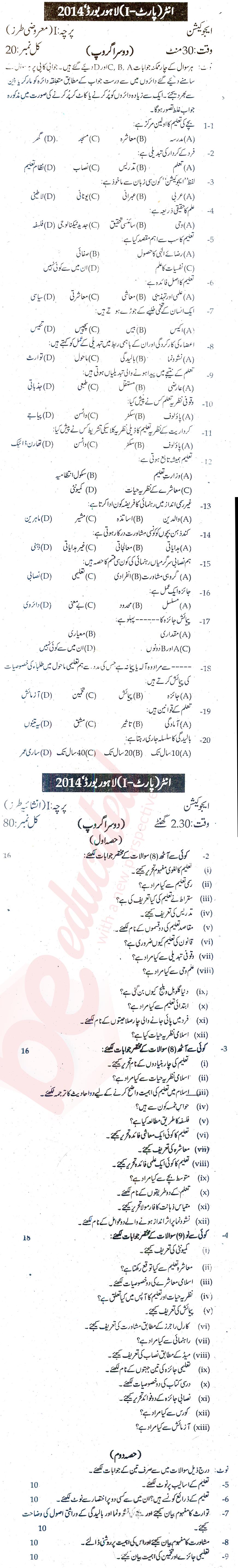 Education FA Part 1 Past Paper Group 2 BISE Lahore 2014