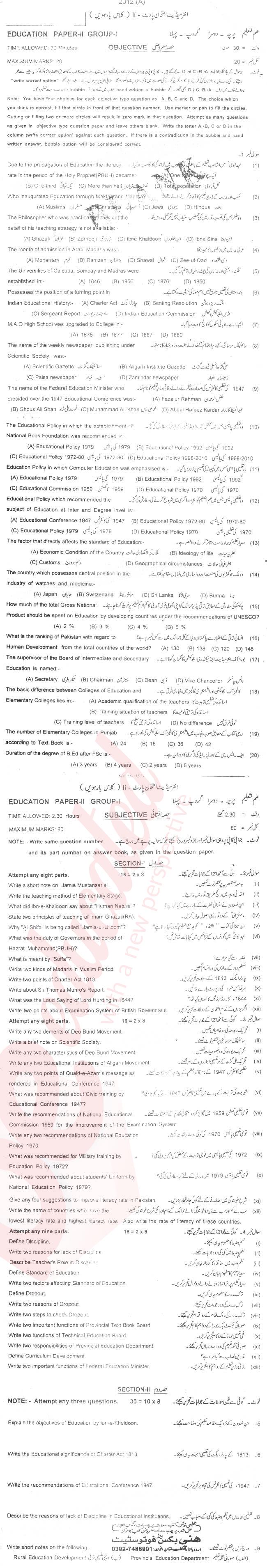 Education FA Part 2 Past Paper Group 1 BISE Multan 2012