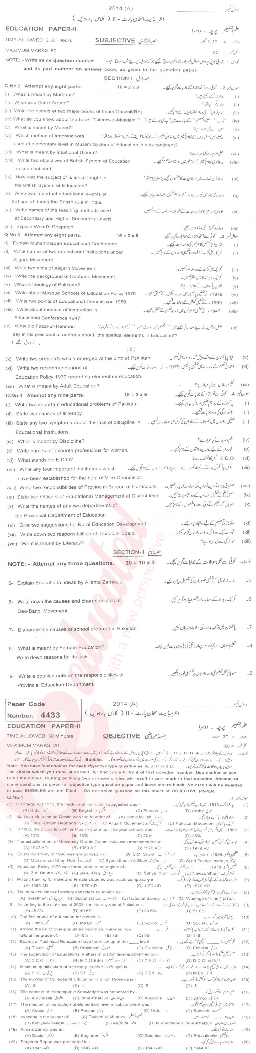 Education FA Part 2 Past Paper Group 1 BISE Multan 2014
