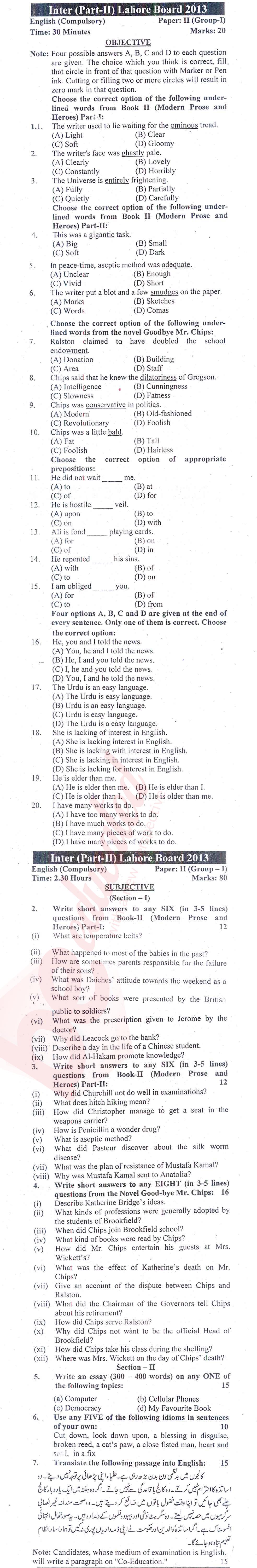 English 12th class Past Paper Group 1 BISE Lahore 2013