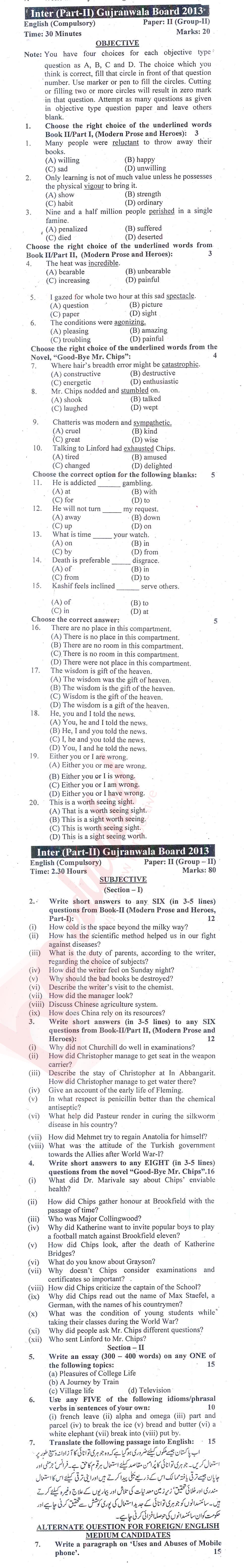 English 12th class Past Paper Group 2 BISE Gujranwala 2013