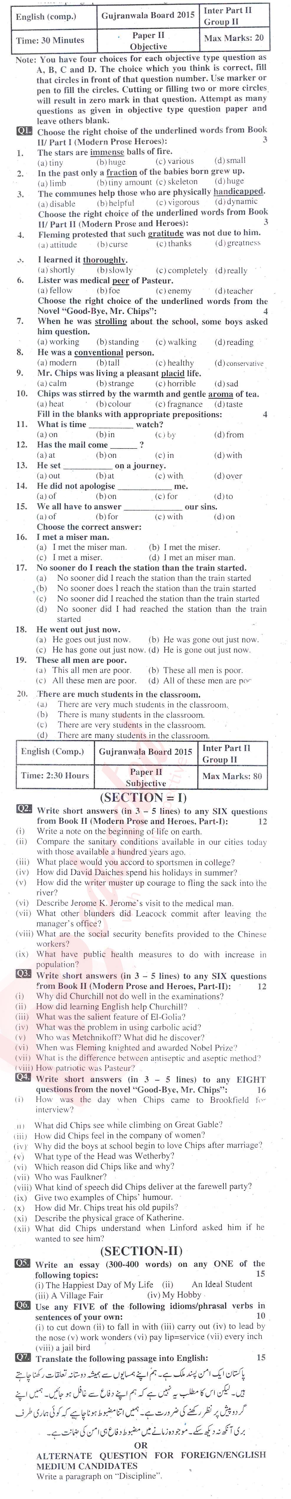 English 12th class Past Paper Group 2 BISE Gujranwala 2015