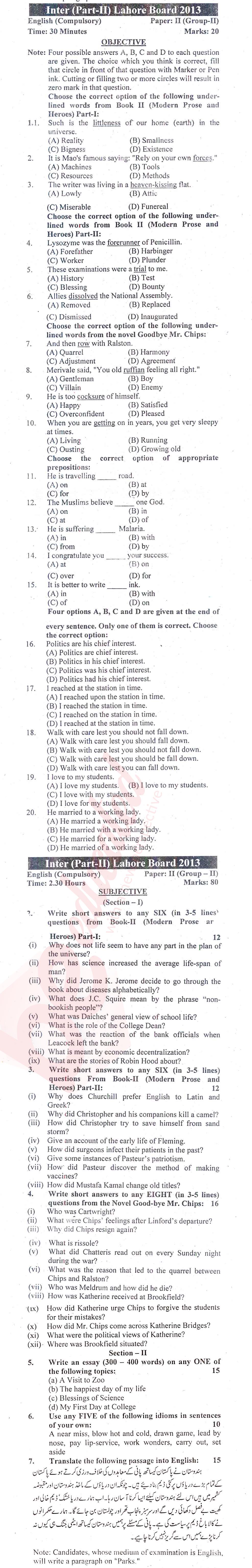 English 12th class Past Paper Group 2 BISE Lahore 2013