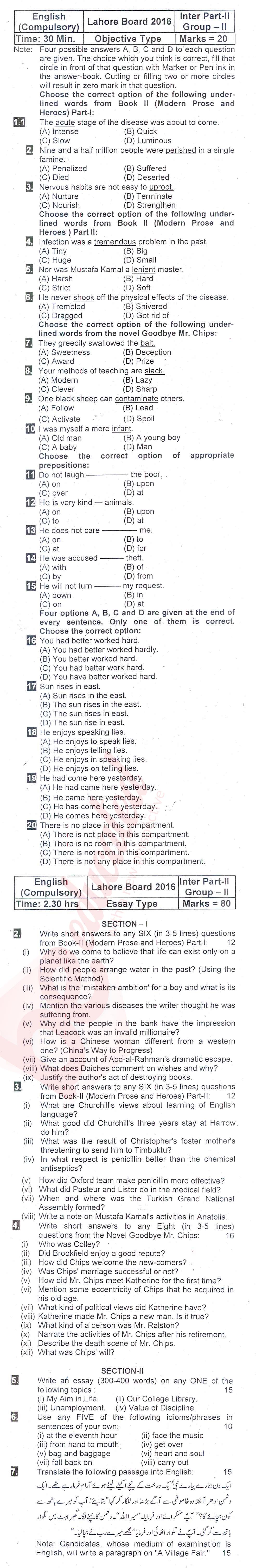 English 12th class Past Paper Group 2 BISE Lahore 2016