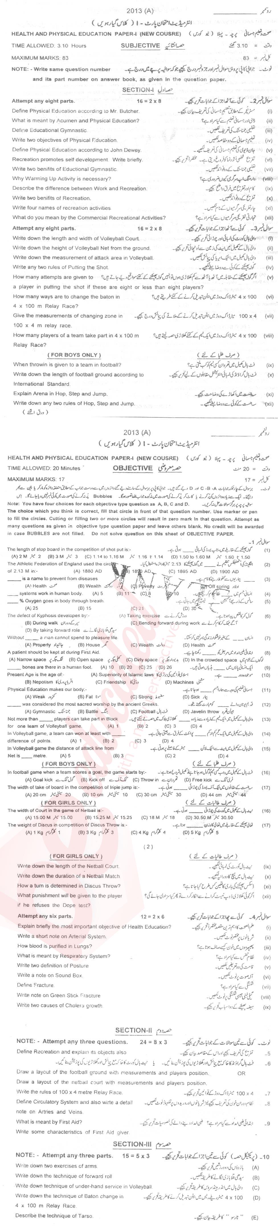 Health and Physical Education FA Part 2 Past Paper Group 1 BISE Multan 2013