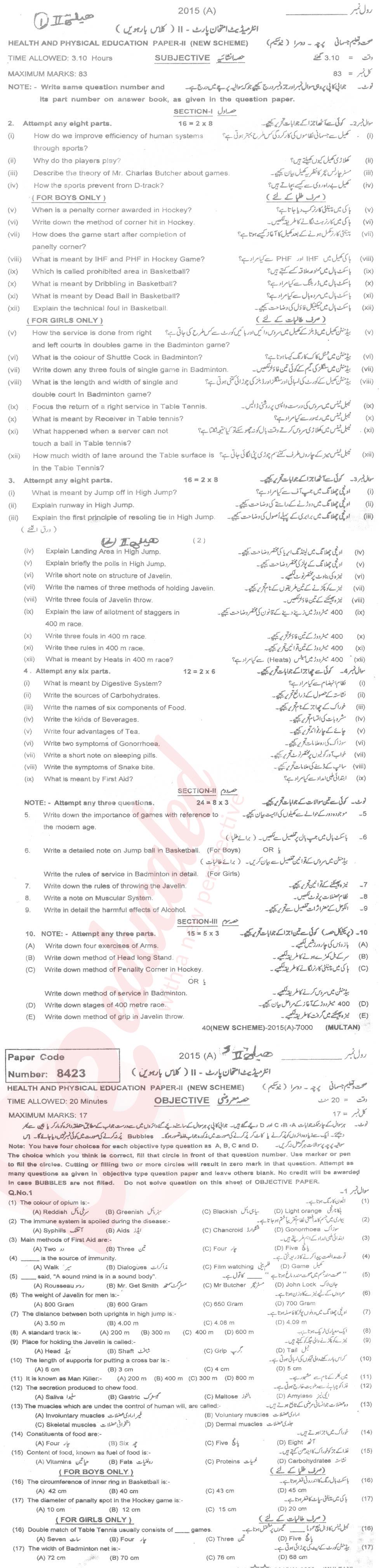 Health and Physical Education FA Part 2 Past Paper Group 1 BISE Multan 2015