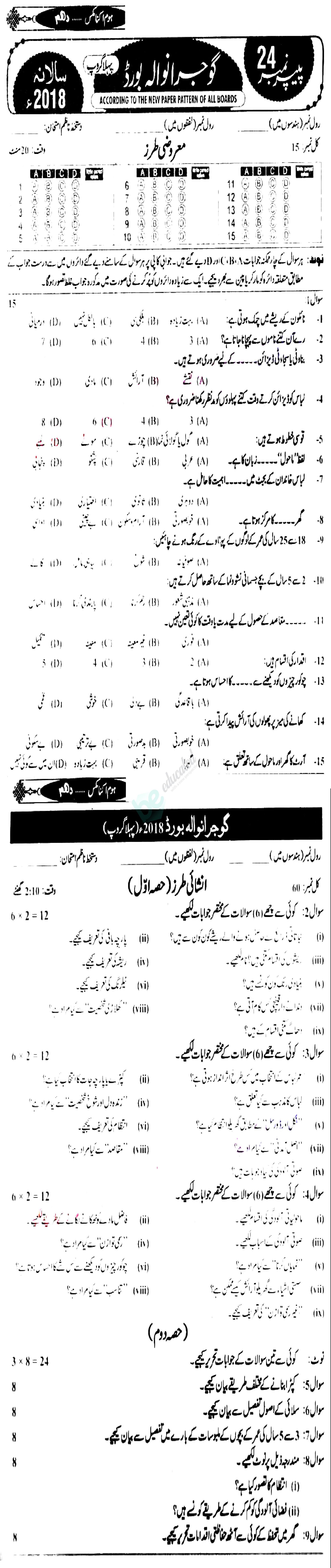 Home Economics 10th class Past Paper Group 1 BISE Gujranwala 2018