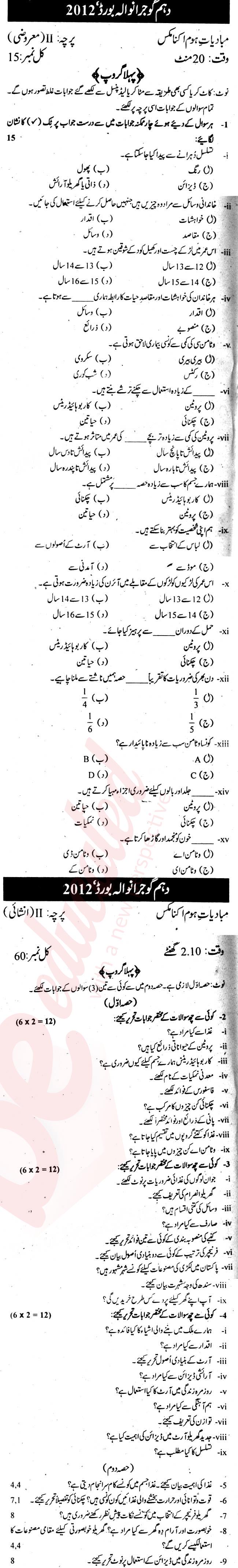 Home Economics 10th Urdu Medium Past Paper Group 1 BISE Gujranwala 2012
