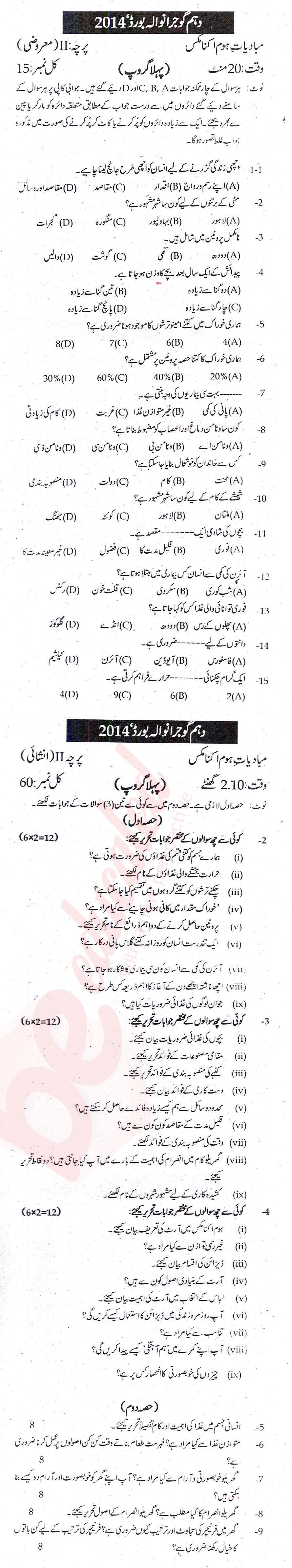 Home Economics 10th Urdu Medium Past Paper Group 1 BISE Gujranwala 2014