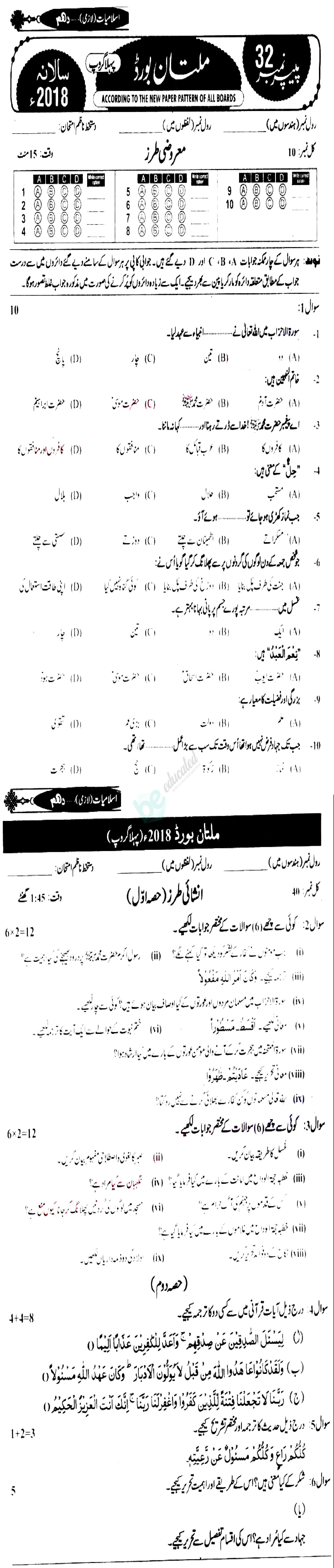 Islamiat (Compulsory) 10th class Past Paper Group 1 BISE Multan 2018