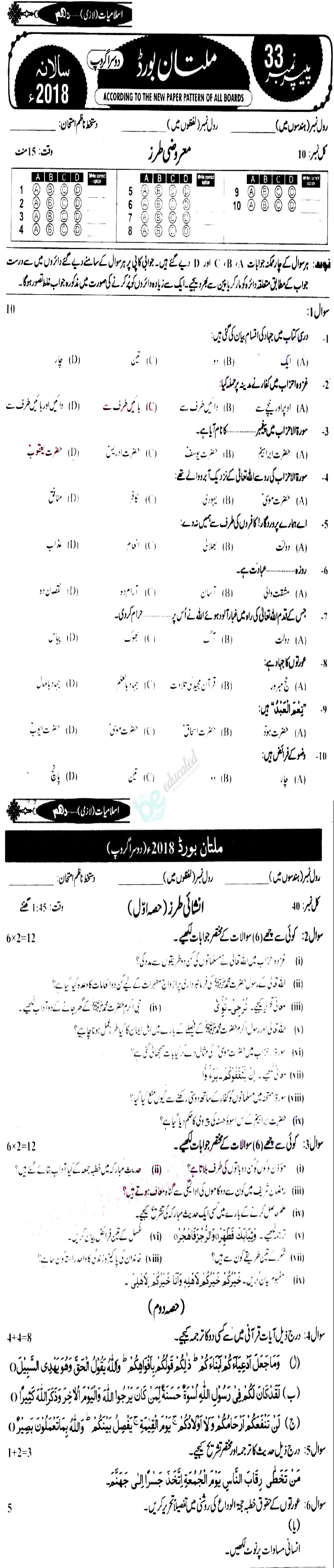 Islamiat (Compulsory) 10th class Past Paper Group 2 BISE Multan 2018