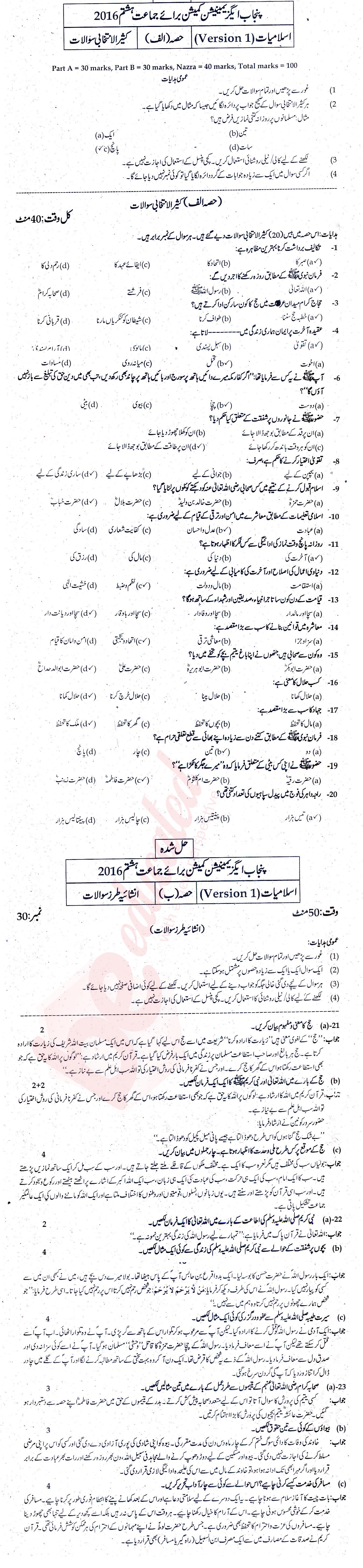 Islamiat (Compulsory) 8th Urdu Medium Past Paper Group 1 PEC 2016