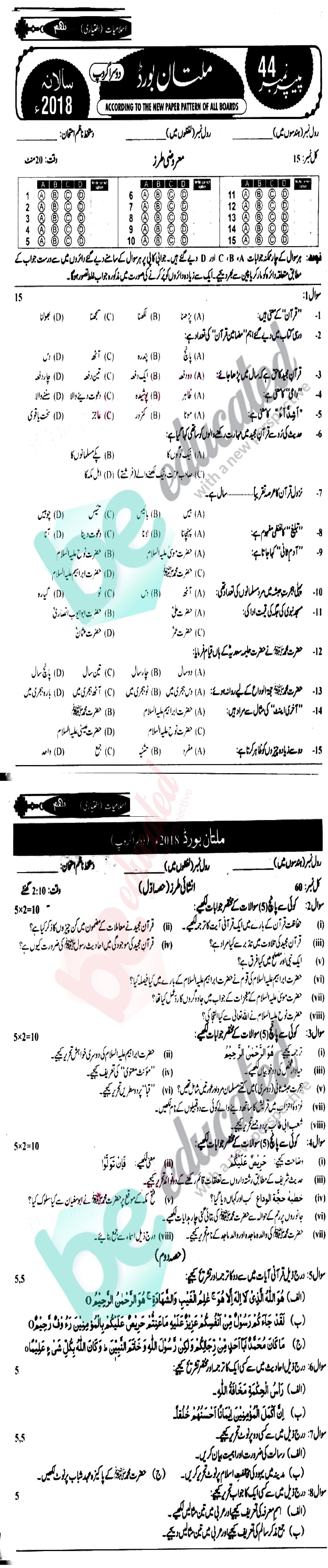 Islamiat Elective 9th Class Urdu Medium Past Paper Group 2 BISE Multan 2018