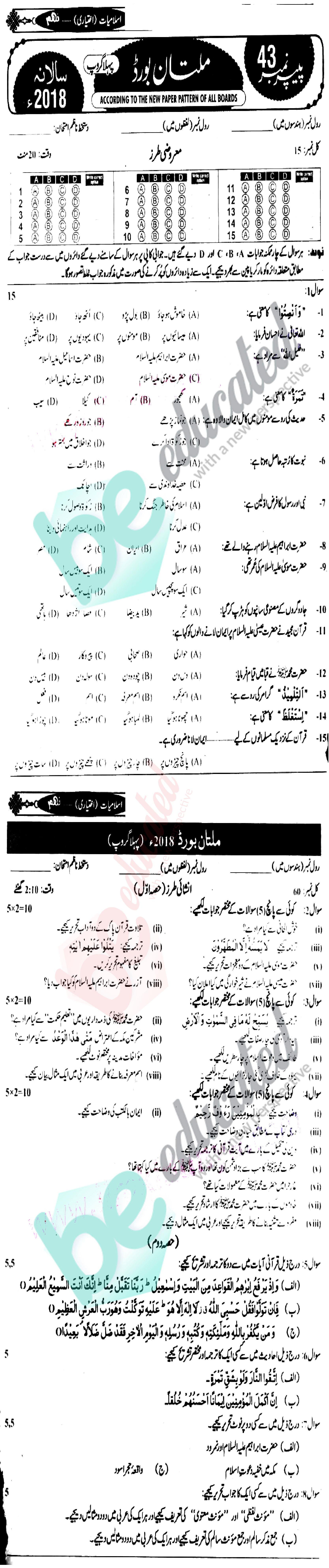 Islamiat Elective 9th Urdu Medium Past Paper Group 1 BISE Multan 2018
