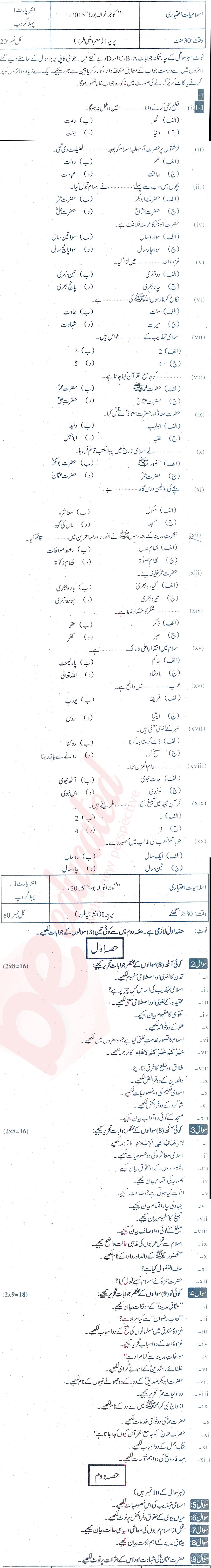Islamiat Elective FA Part 1 Past Paper Group 1 BISE Gujranwala 2015