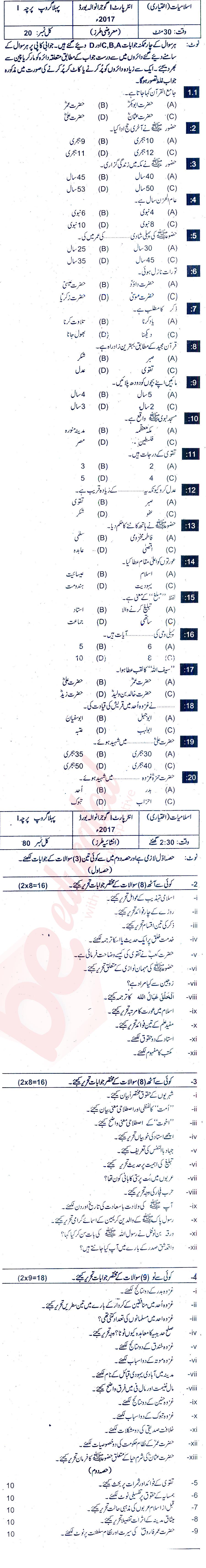 Islamiat Elective FA Part 1 Past Paper Group 1 BISE Gujranwala 2017