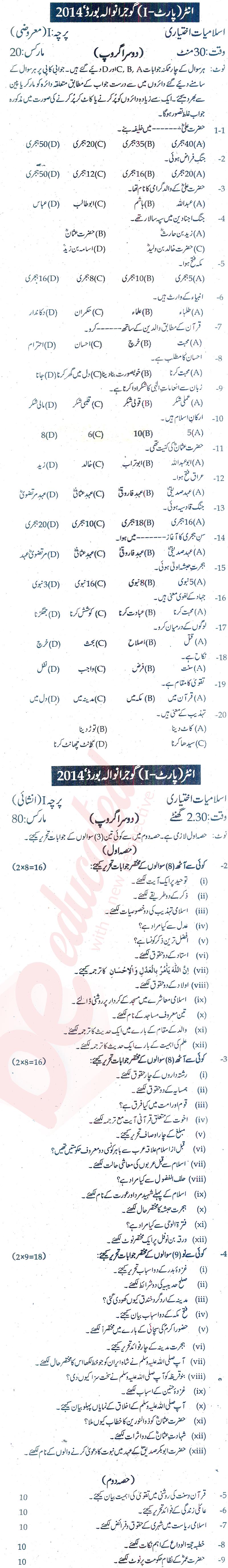 Islamiat Elective FA Part 1 Past Paper Group 2 BISE Gujranwala 2014