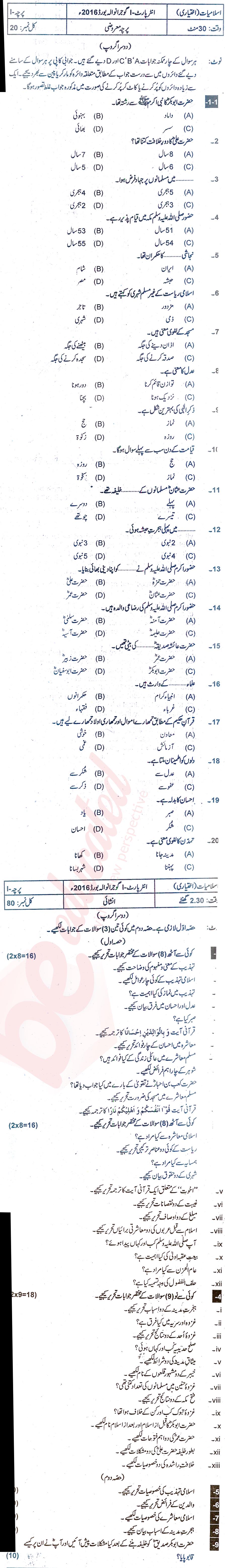 Islamiat Elective FA Part 1 Past Paper Group 2 BISE Gujranwala 2016