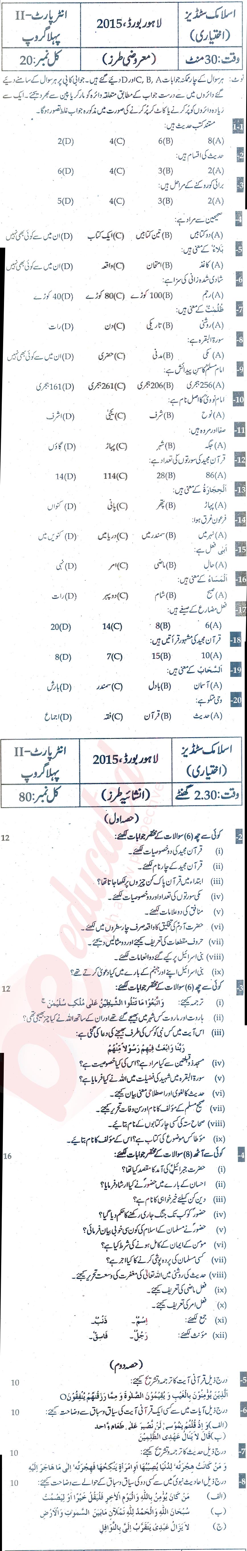 Islamiat Elective FA Part 2 Past Paper Group 1 BISE Lahore 2015