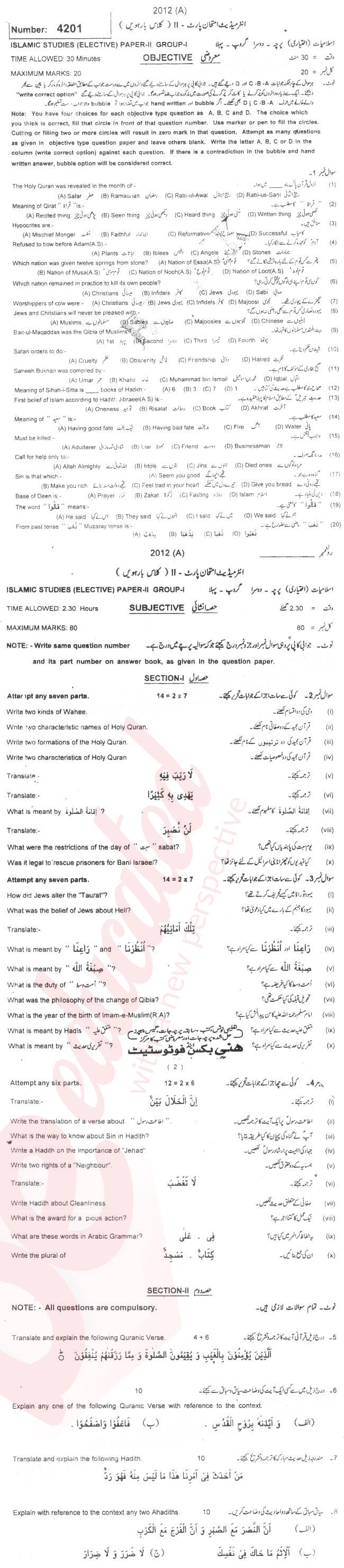 Islamiat Elective FA Part 2 Past Paper Group 1 BISE Multan 2012