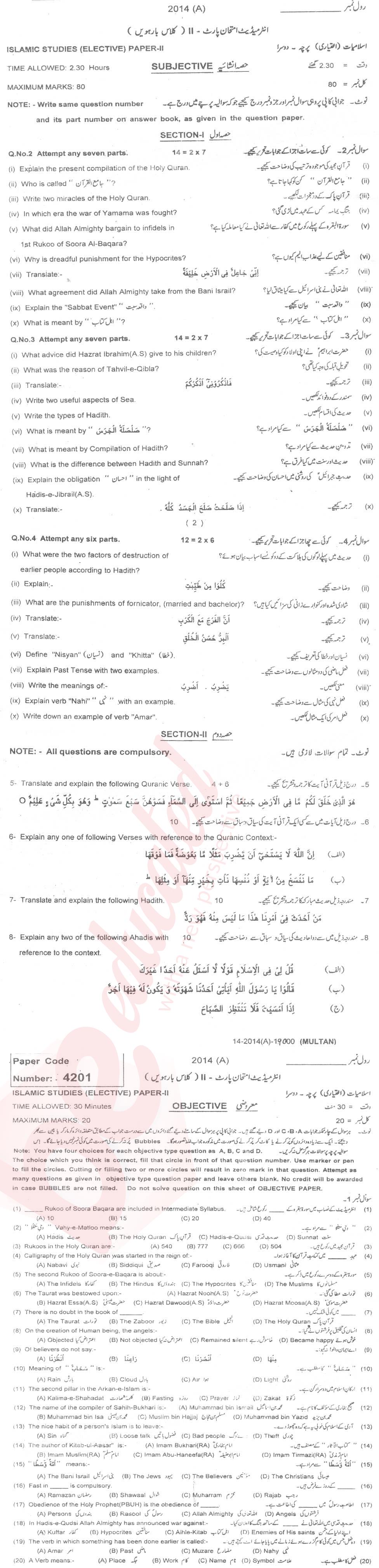 Islamiat Elective FA Part 2 Past Paper Group 1 BISE Multan 2014