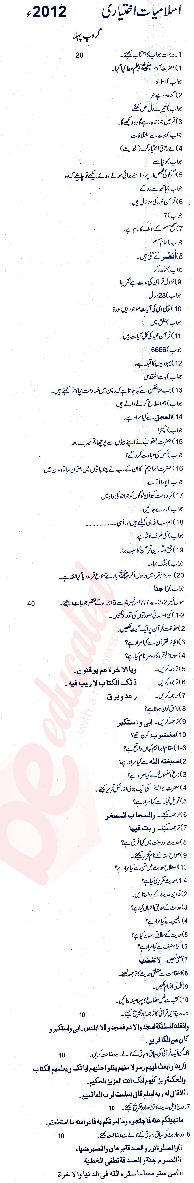 Islamiat Elective FA Part 2 Past Paper Group 1 BISE Rawalpindi 2012