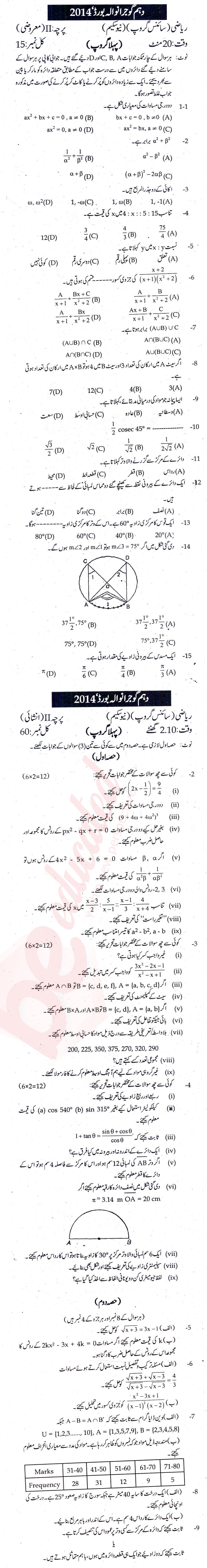 Math 10th Urdu Medium Past Paper Group 1 BISE Gujranwala 2014