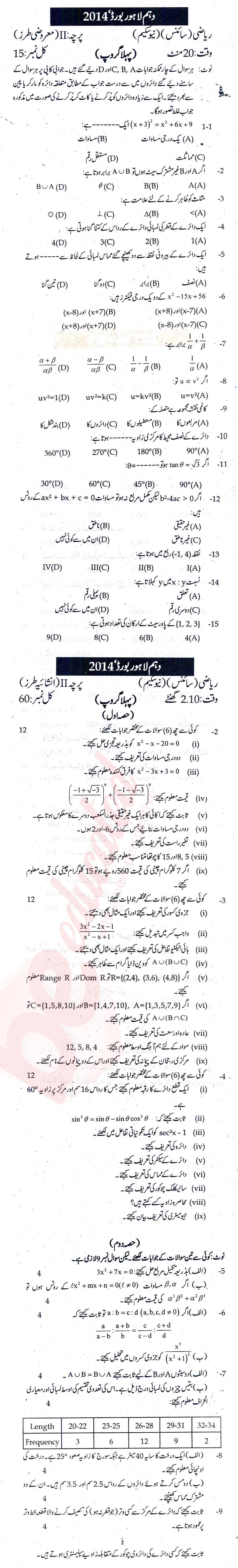 Math 10th Urdu Medium Past Paper Group 1 BISE Lahore 2014