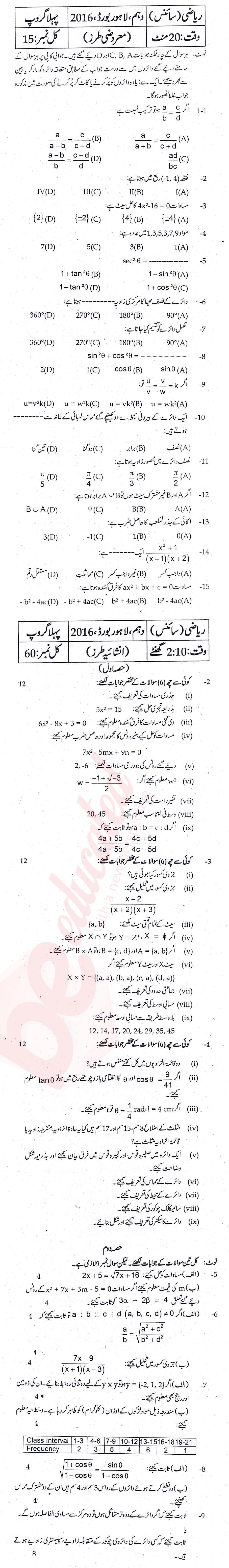 Math 10th Urdu Medium Past Paper Group 1 BISE Lahore 2016