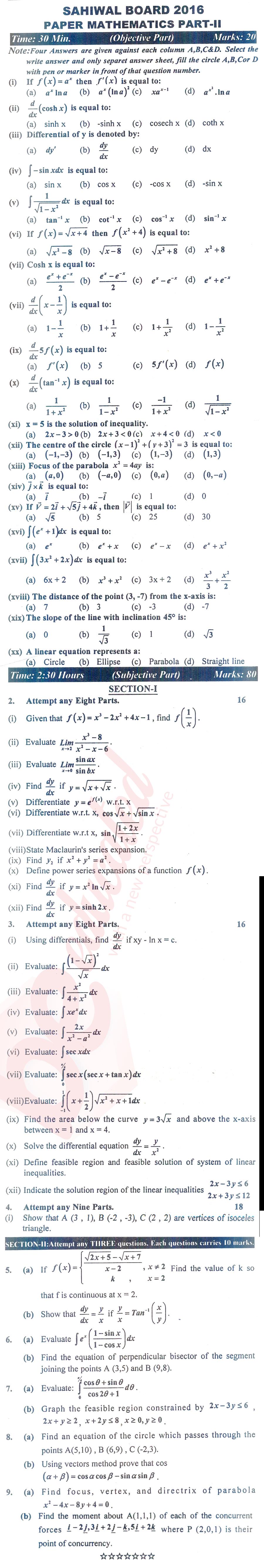 Math 12th class Past Paper Group 1 BISE Sahiwal 2016